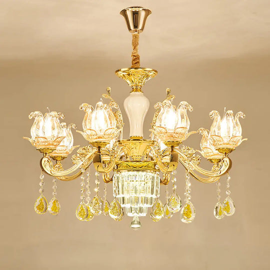 Lotus Shaped Glass Hanging Lamp: Traditional Bedroom Chandelier With Crystal Accents In Gold 8 /