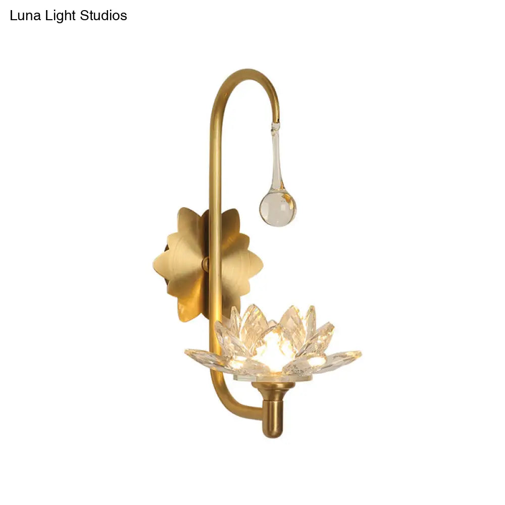 Lotus Wall Lamp With Clear Crystal Modernist Design - 1 Head Bedside Sconce In Brass