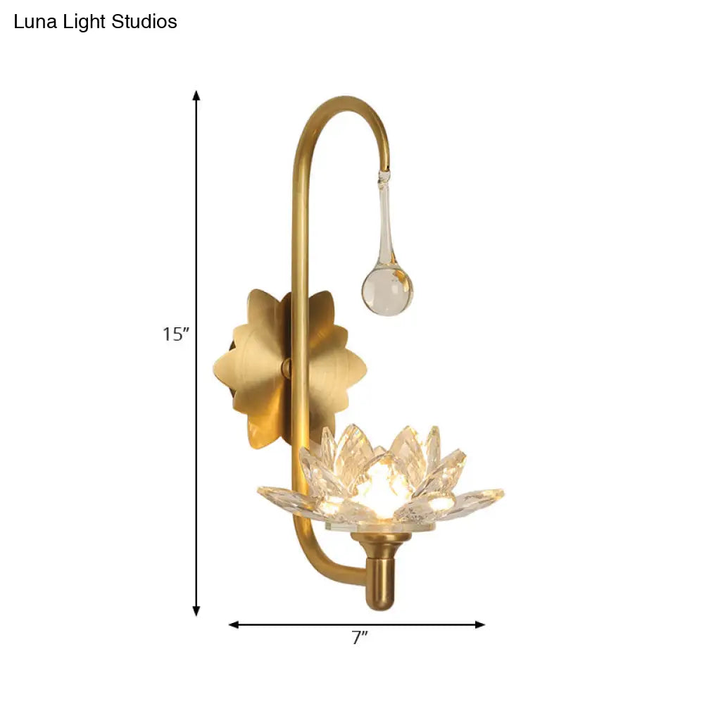 Lotus Wall Lamp With Clear Crystal Modernist Design - 1 Head Bedside Sconce In Brass