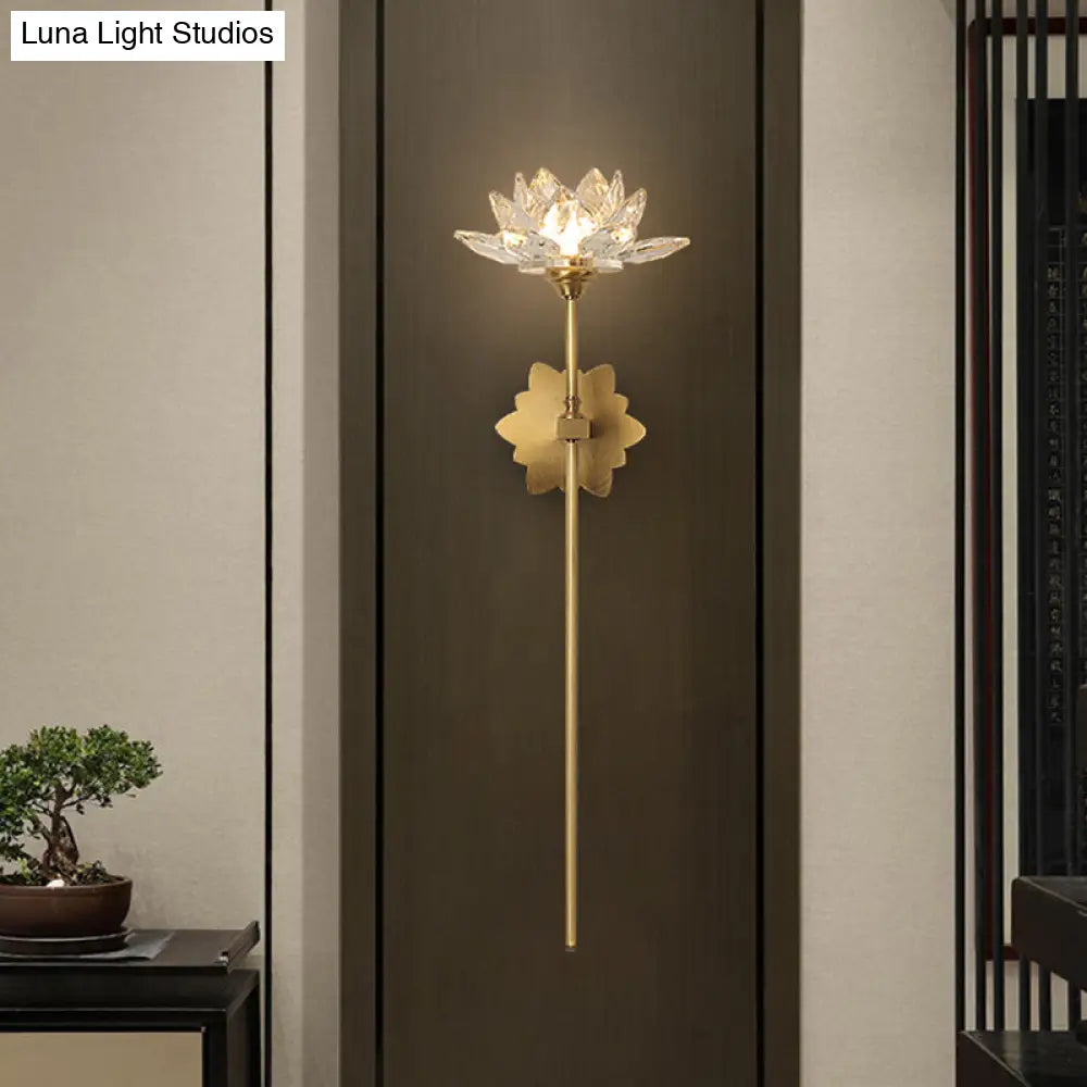 Lotus Wall Sconce In Traditional Gold With Clear Crystal Led Light - Ideal For Bedroom 16/23.5 H