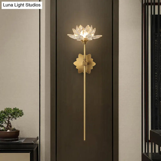 Lotus Wall Sconce In Traditional Gold With Clear Crystal Led Light - Ideal For Bedroom 16/23.5 H