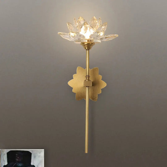 Lotus Wall Sconce In Traditional Gold With Clear Crystal Led Light - Ideal For Bedroom 16/23.5 H /