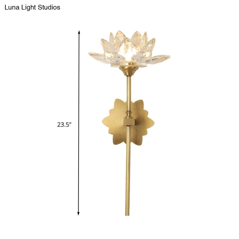 Lotus Wall Sconce In Traditional Gold With Clear Crystal Led Light - Ideal For Bedroom 16/23.5 H