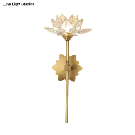 Lotus Wall Sconce In Traditional Gold With Clear Crystal Led Light - Ideal For Bedroom 16/23.5 H