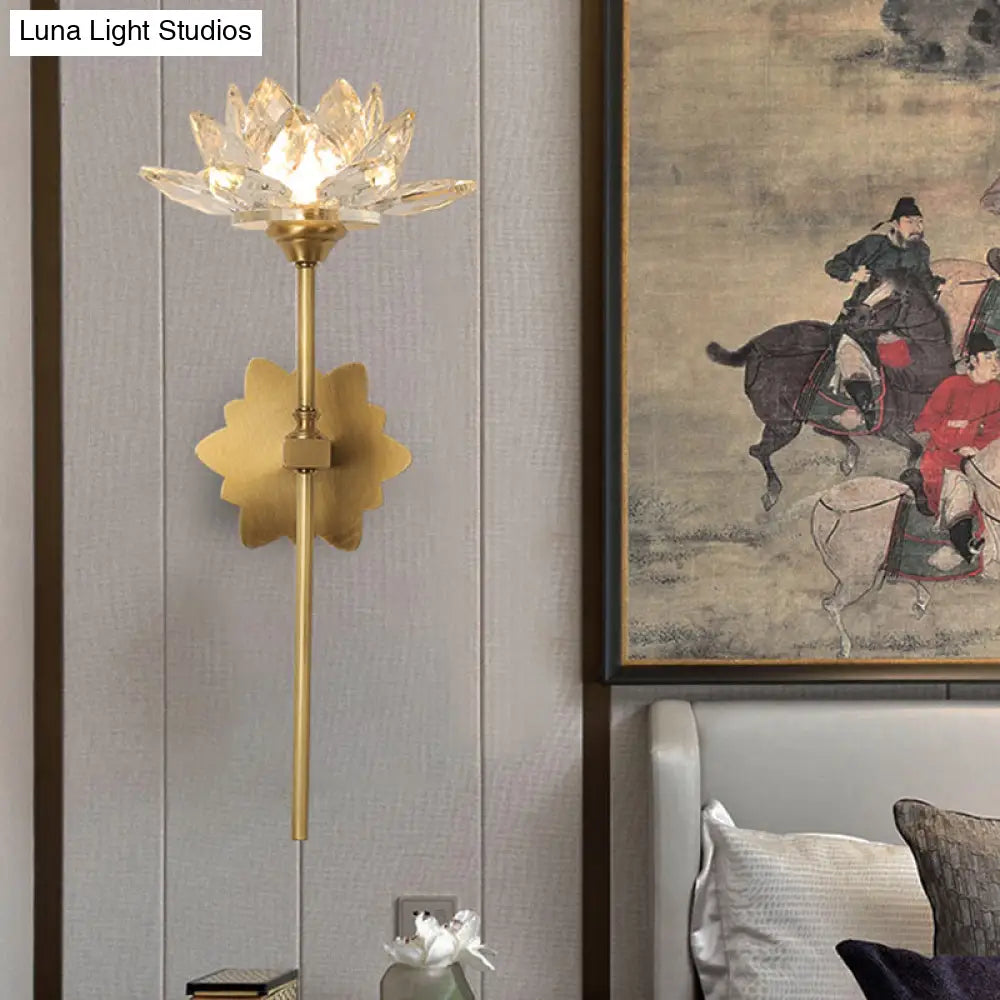 Lotus Wall Sconce In Traditional Gold With Clear Crystal Led Light - Ideal For Bedroom 16/23.5 H