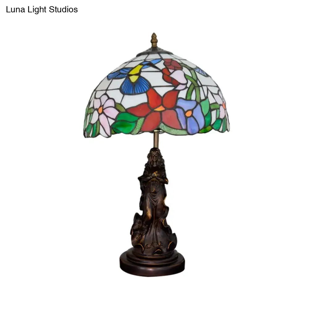 Tiffany-Style Dome Night Lamp With Magpie/Flower Pattern Stained Glass And Angel Pedestal -