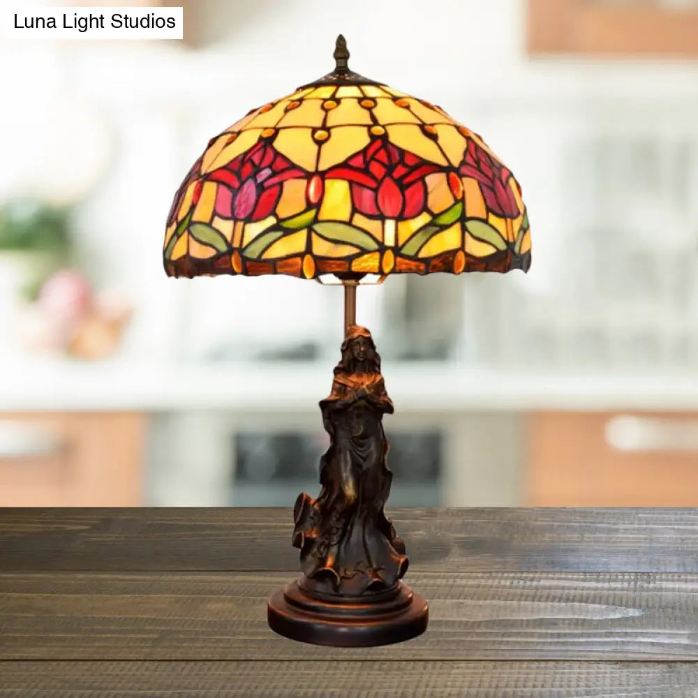 Tiffany-Style Dome Night Lamp With Magpie/Flower Pattern Stained Glass And Angel Pedestal -