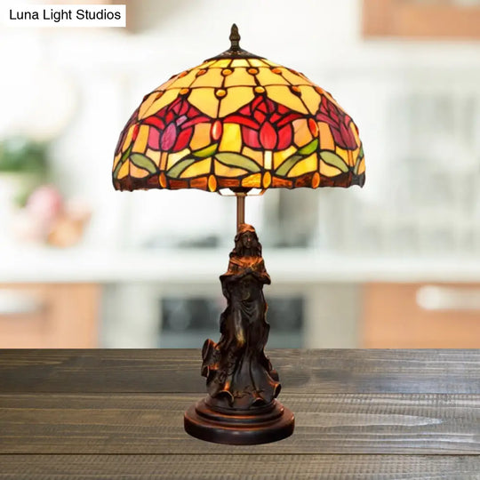 Tiffany-Style Dome Night Lamp With Magpie/Flower Pattern Stained Glass And Angel Pedestal -