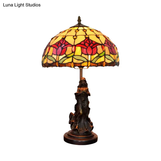 Tiffany-Style Dome Night Lamp With Magpie/Flower Pattern Stained Glass And Angel Pedestal -