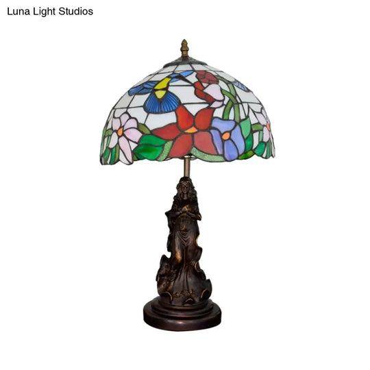 Louise - Tiffany Magpie/Flower Patterned Dome Night Lamp White/Beige Stained Glass 1 Head Bronze