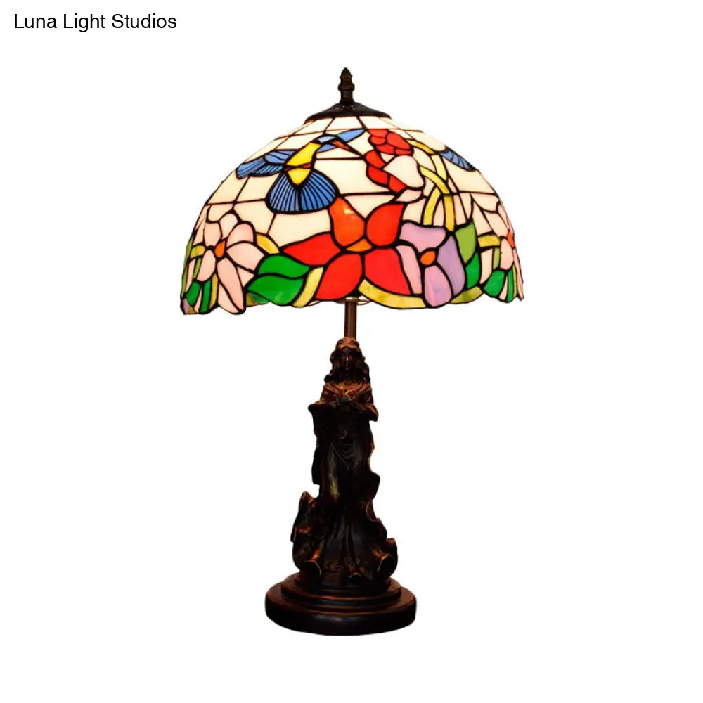 Louise - Tiffany Magpie/Flower Patterned Dome Night Lamp White/Beige Stained Glass 1 Head Bronze