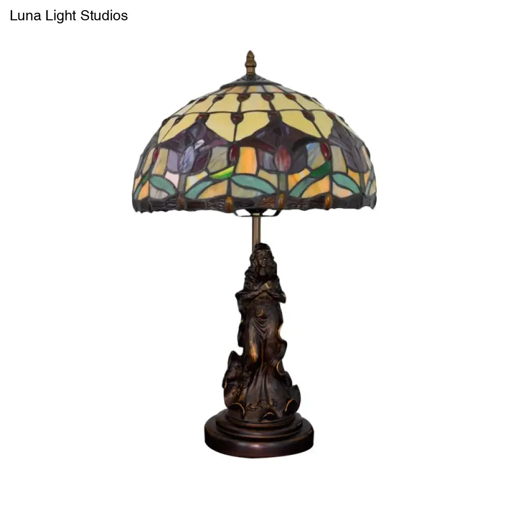 Tiffany-Style Dome Night Lamp With Magpie/Flower Pattern Stained Glass And Angel Pedestal -