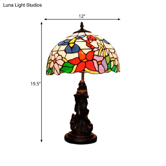 Tiffany-Style Dome Night Lamp With Magpie/Flower Pattern Stained Glass And Angel Pedestal -