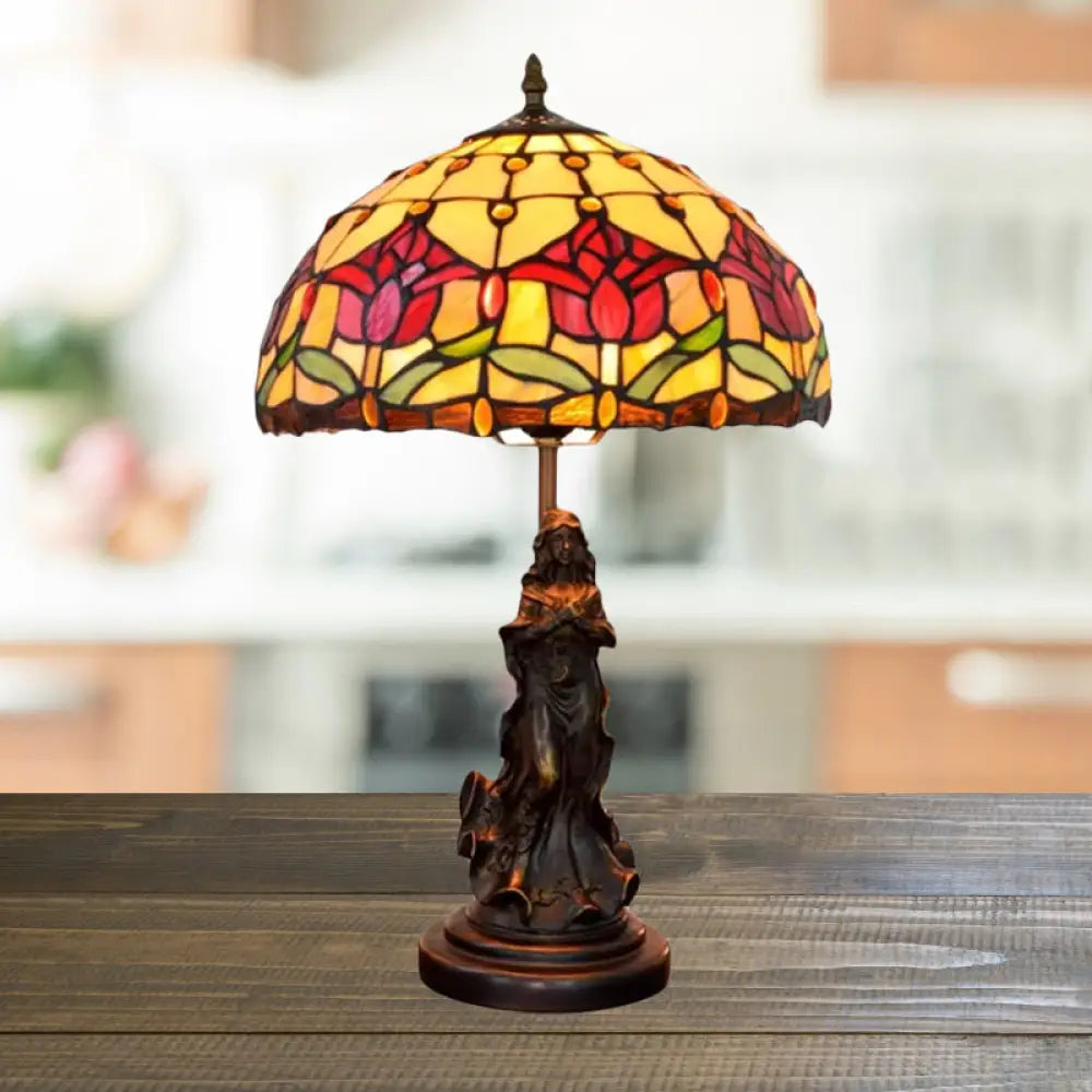 Louise - Tiffany Magpie/Flower Patterned Dome Night Lamp White/Beige Stained Glass 1 Head Bronze