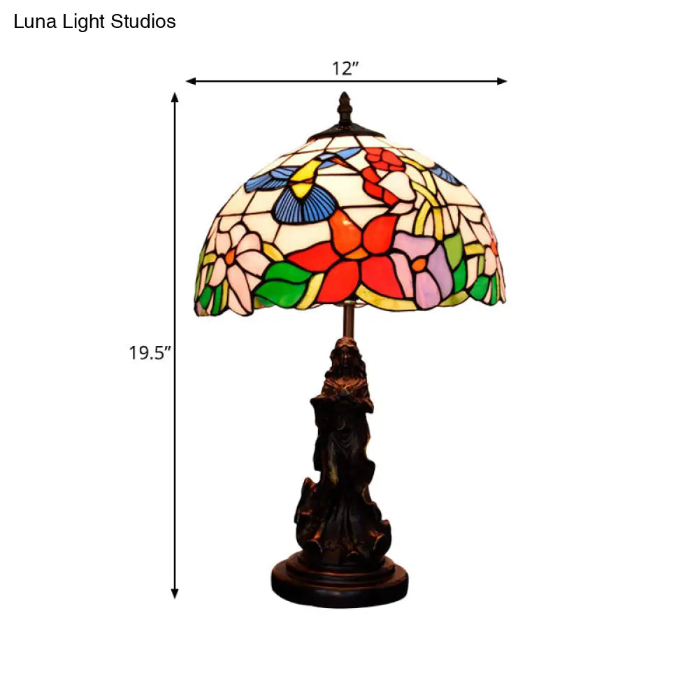 Louise - Tiffany Magpie/Flower Patterned Dome Night Lamp White/Beige Stained Glass 1 Head Bronze