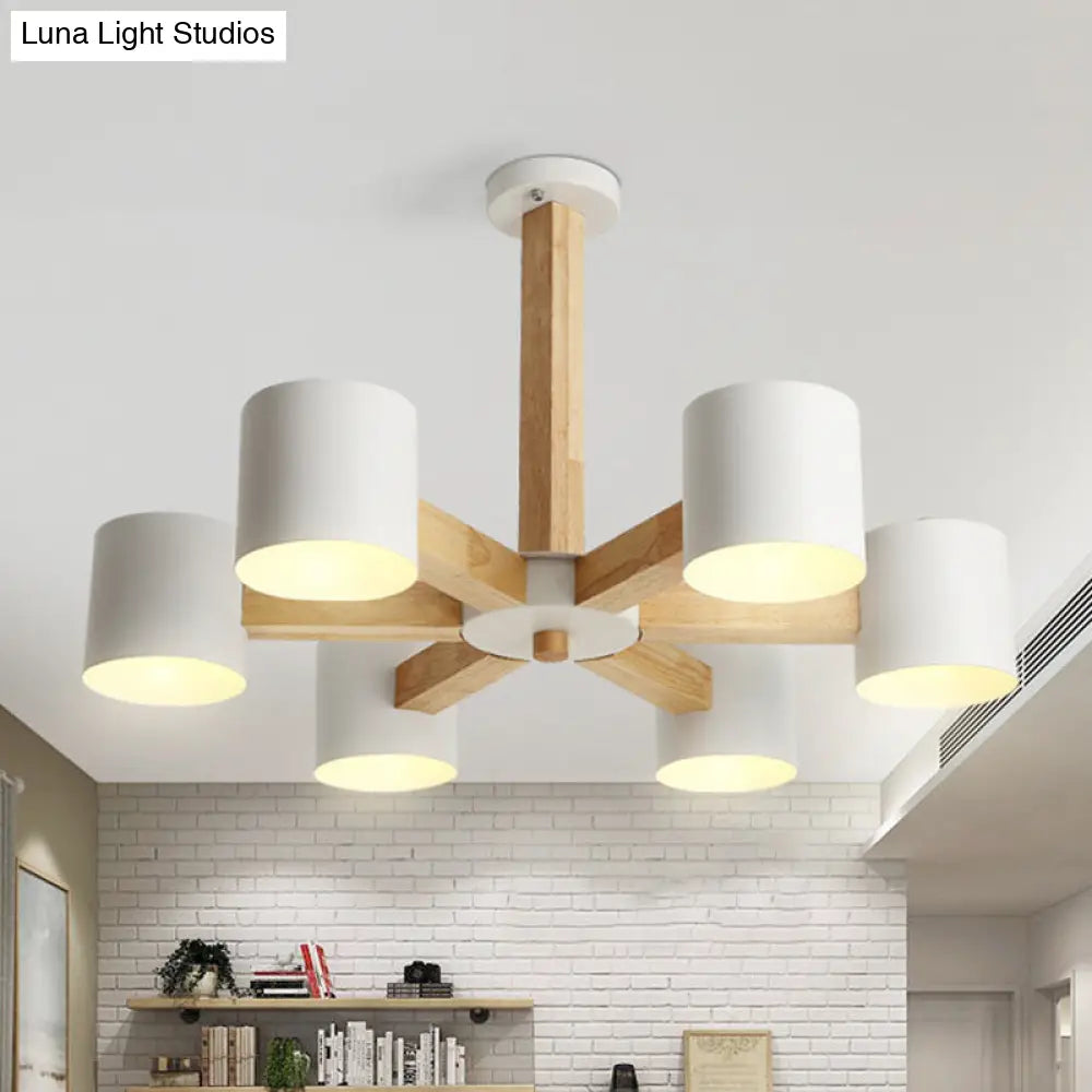 Lounge Ceiling Lamp: Cylindrical Metal Chandelier With 6 Nordic-Style Semi Flush Mount Heads In