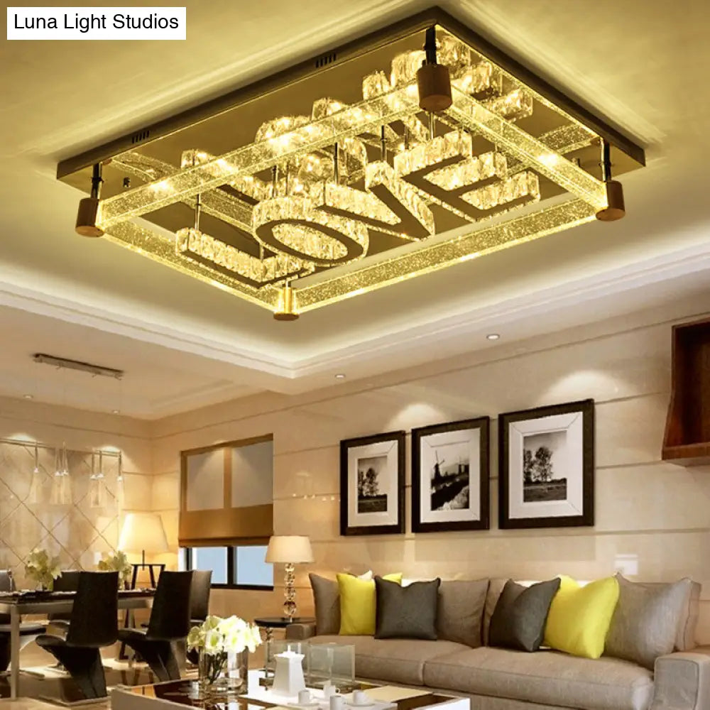 Love Pattern Crystal Rectangle Led Ceiling Mount Light - Contemporary Clear Lamp