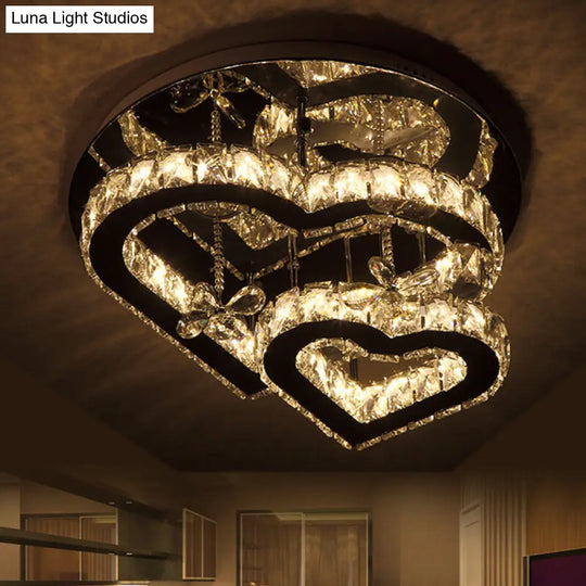 Loving Heart Ceiling Flush Light With Maple Leaf Charm - 2 Tiers Stainless Steel Mirror Crystal