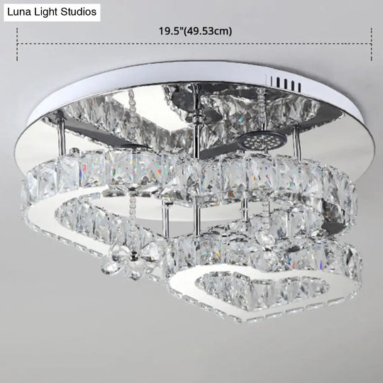 Loving Heart Ceiling Flush Light With Maple Leaf Charm - 2 Tiers Stainless Steel Mirror Crystal