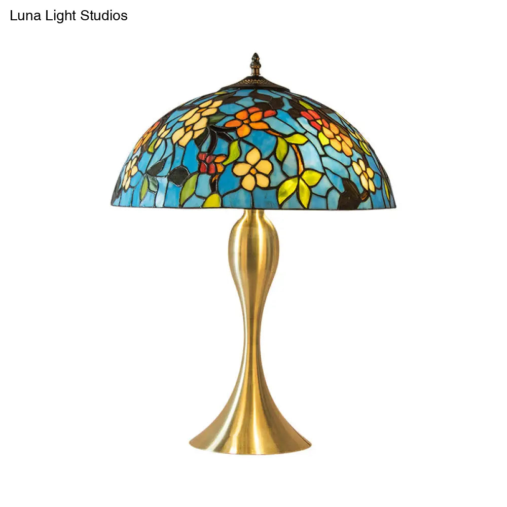 Lucie - Blue Flower Stained Glass Dome Nightstand Lamp – Mediterranean Style