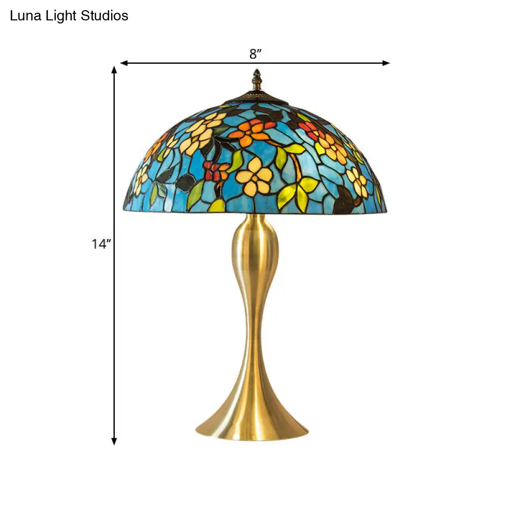 Mediterranean Dome Stained Glass Nightstand Lamp - Blue 1-Light Task Lighting With Flower Pattern