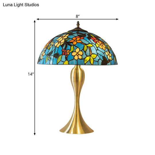 Mediterranean Dome Stained Glass Nightstand Lamp - Blue 1-Light Task Lighting With Flower Pattern