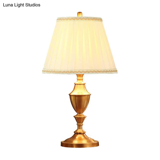 Rustic Brass Night Table Lamp With Fabric Pleated Lampshade And Urn Base - 1 Head Desk Light