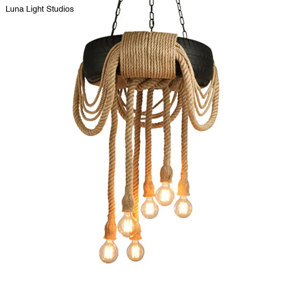 Lucienne - Industrial Beige Rope 6-Light Bare Bulb Pendant Chandelier