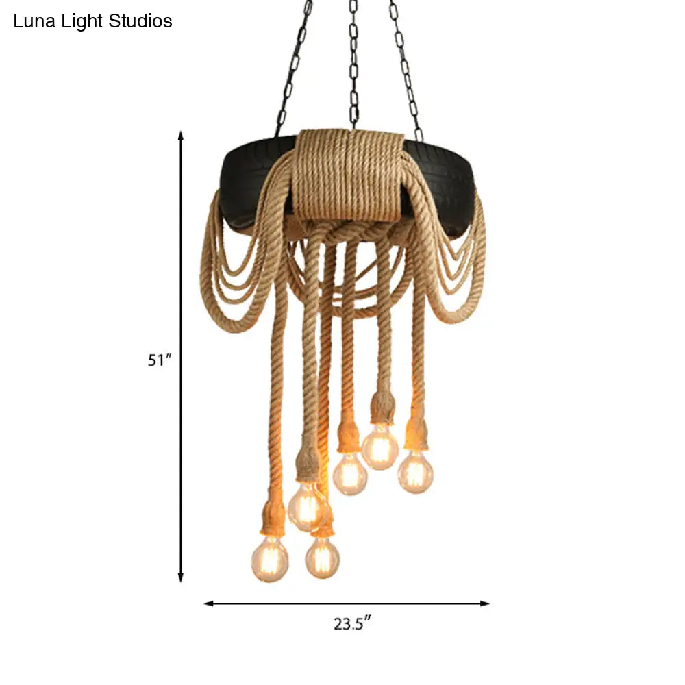 Lucienne - Industrial Beige Rope 6-Light Bare Bulb Pendant Chandelier