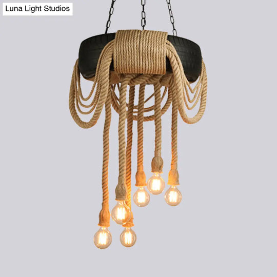 Lucienne - Industrial Beige Rope 6-Light Bare Bulb Pendant Chandelier