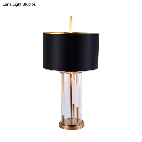 Traditional Drum Night Light: Black Fabric Table Lamp With Glass Base