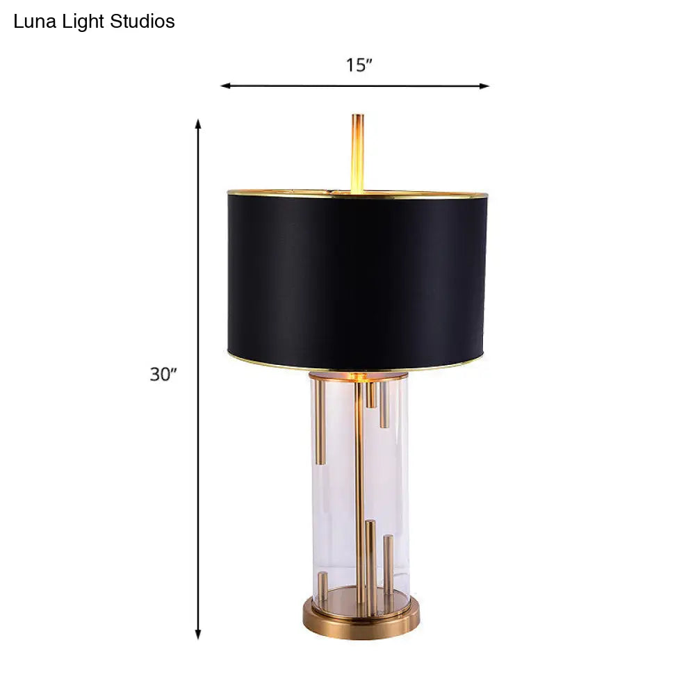 Traditional Drum Night Light: Black Fabric Table Lamp With Glass Base