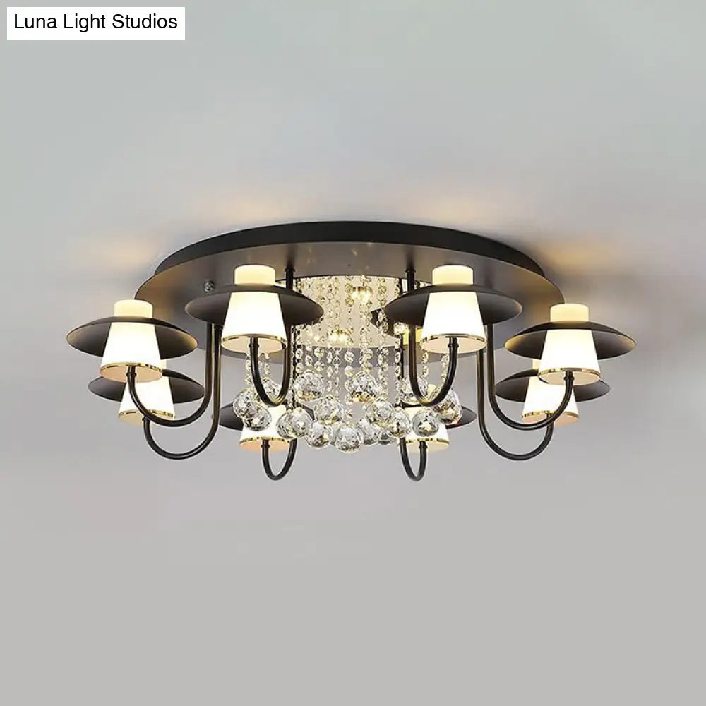 Luxurious Circular Semi Flushmount Ceiling Light With Crystal Ball - 8 Lights Metallic Black/White