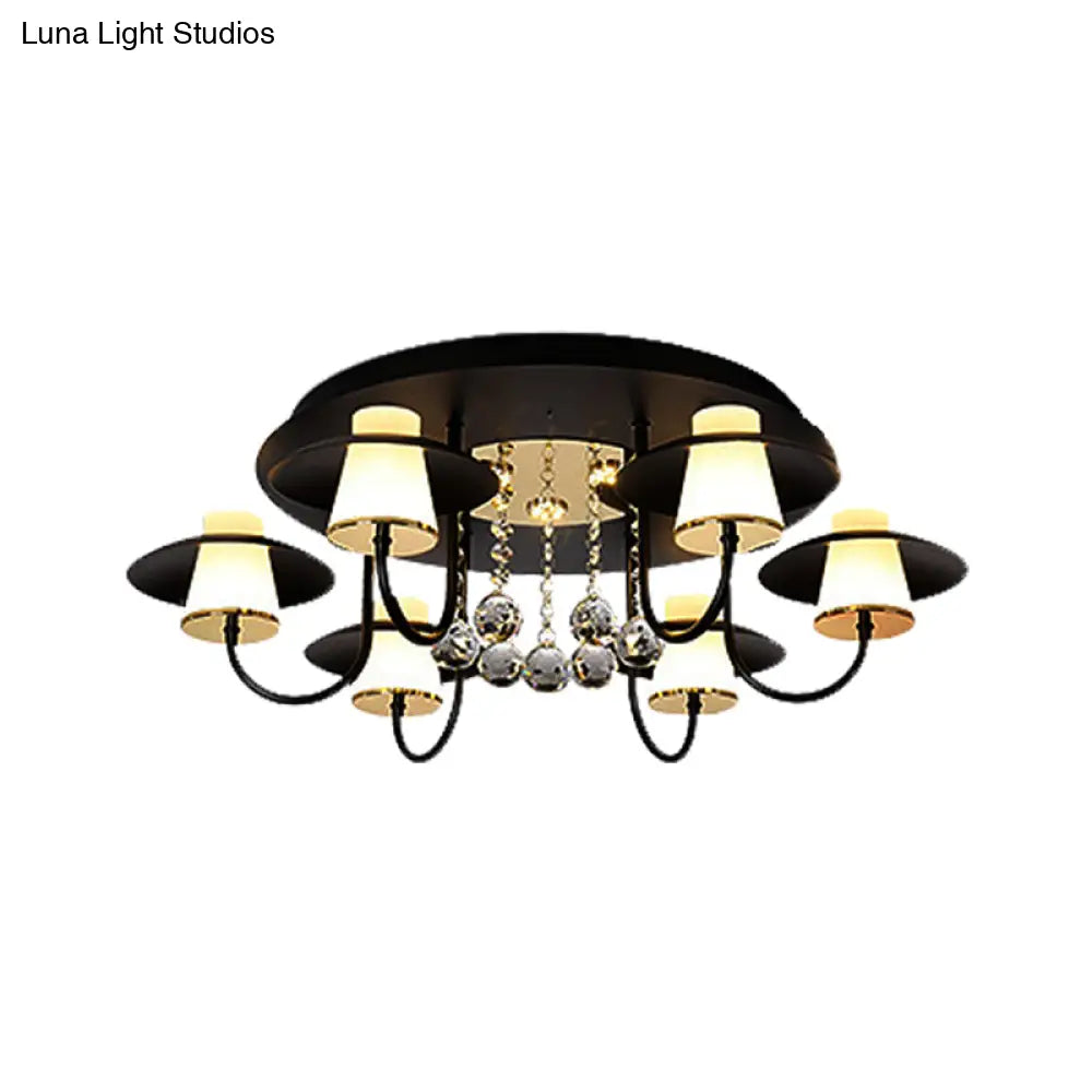 Luxurious Circular Semi Flushmount Ceiling Light With Crystal Ball - 8 Lights Metallic Black/White