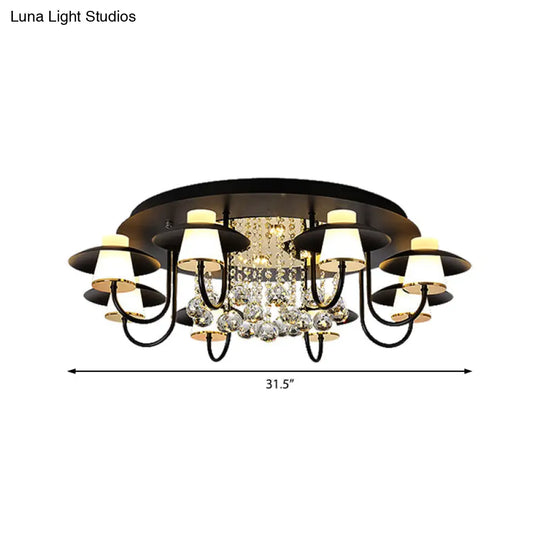 Luxurious Circular Semi Flushmount Ceiling Light With Crystal Ball - 8 Lights Metallic Black/White