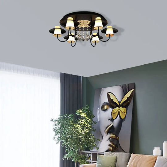 Luxurious Circular Semi Flushmount Ceiling Light With Crystal Ball - 8 Lights Metallic Black/White