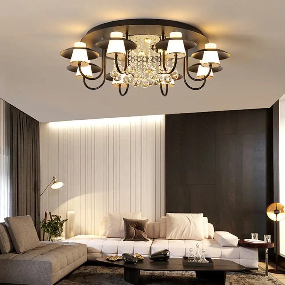 Luxurious Circular Semi Flushmount Ceiling Light With Crystal Ball - 8 Lights Metallic Black/White