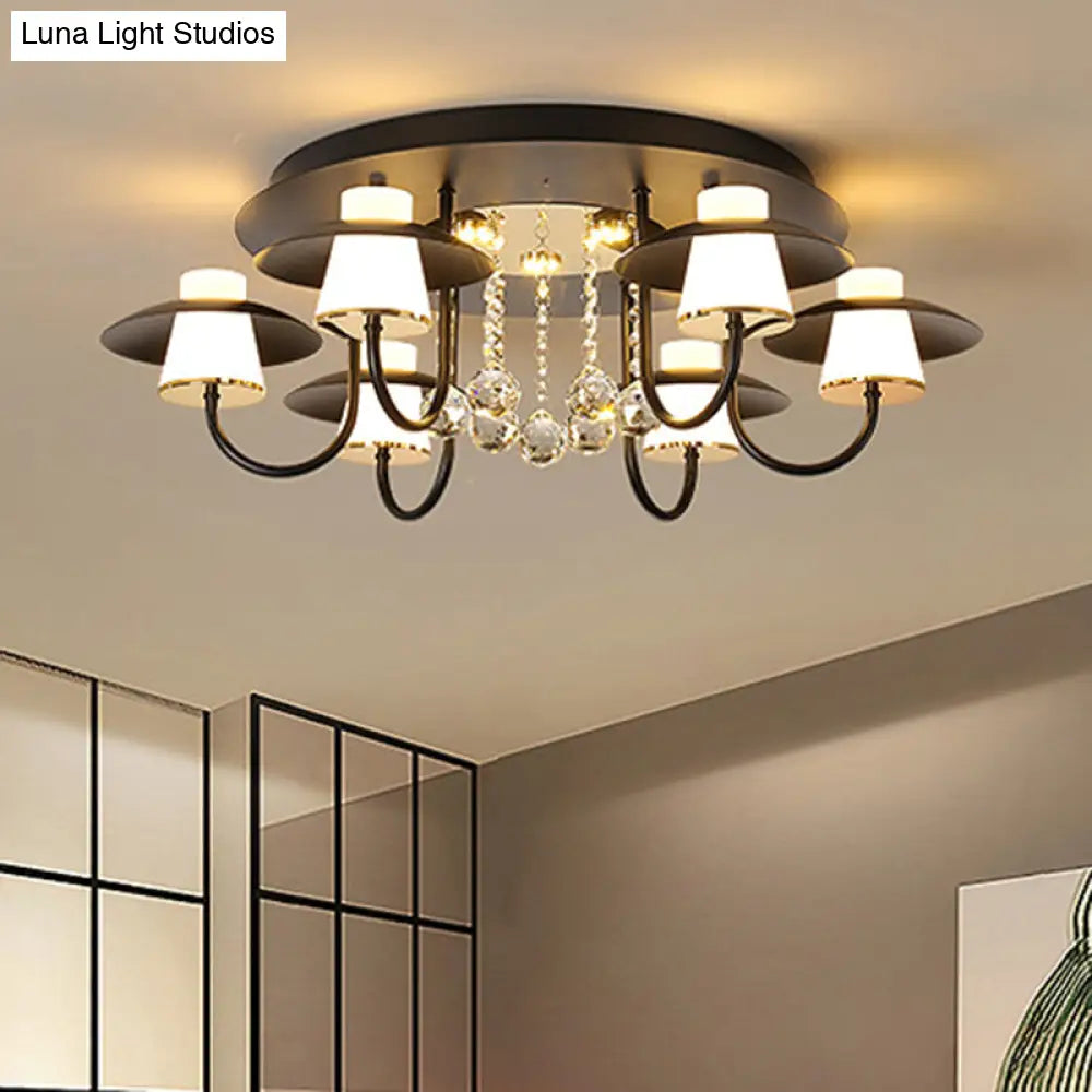 Luxurious Circular Semi Flushmount Ceiling Light With Crystal Ball - 8 Lights Metallic Black/White