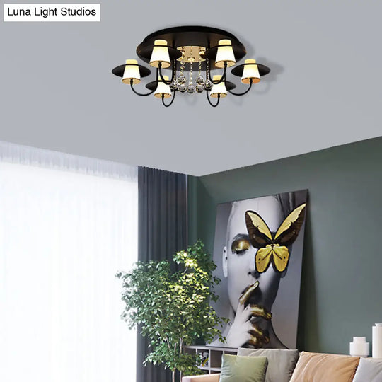 Luxurious Circular Semi Flushmount Ceiling Light With Crystal Ball - 8 Lights Metallic Black/White