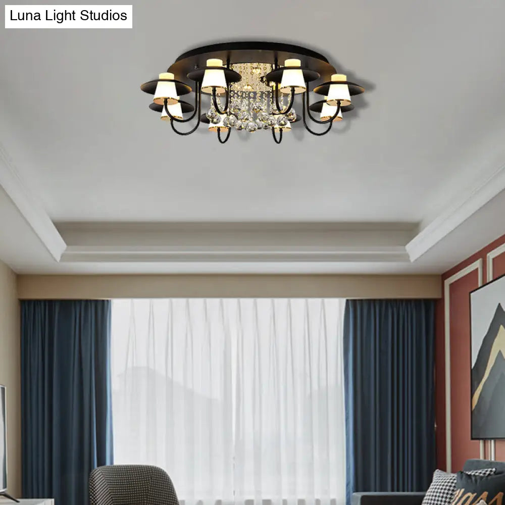 Luxurious Circular Semi Flushmount Ceiling Light With Crystal Ball - 8 Lights Metallic Black/White