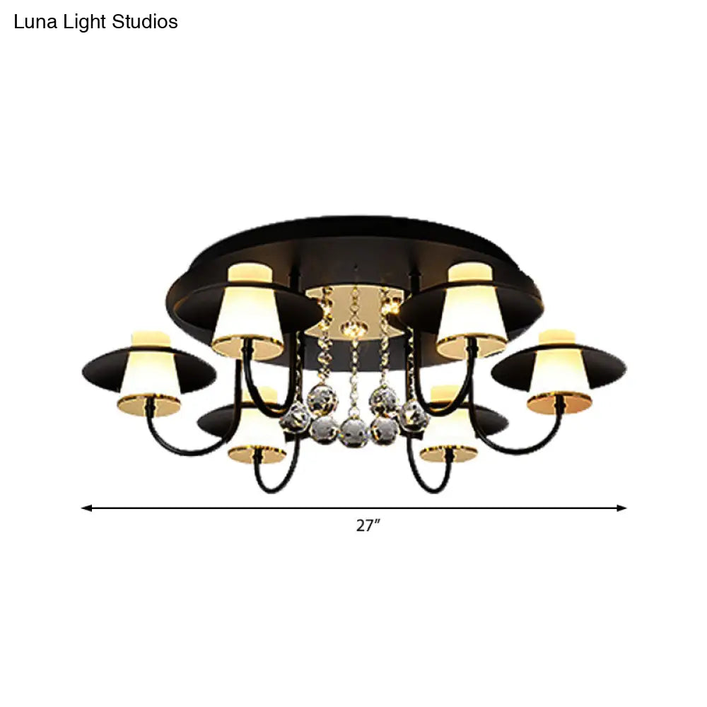 Luxurious Circular Semi Flushmount Ceiling Light With Crystal Ball - 8 Lights Metallic Black/White