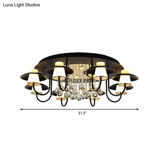 Luxurious Circular Semi Flushmount Ceiling Light With Crystal Ball - 8 Lights Metallic Black/White