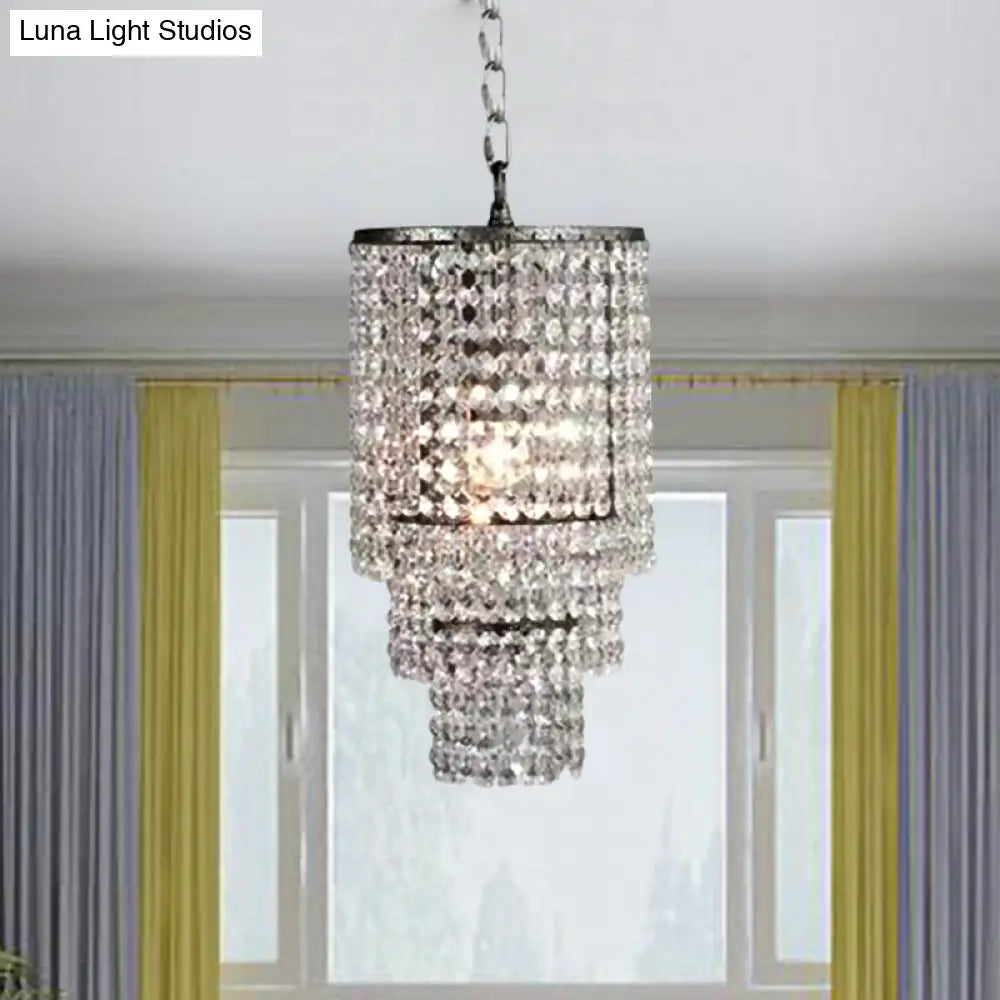 Luxurious Cylinder Pendant Light With Clear Crystal Beads - Ideal For Adult Bedroom Lighting