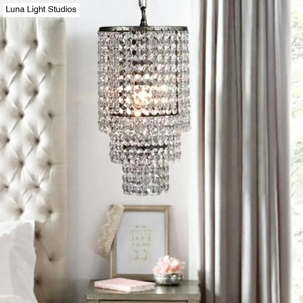 Luxurious Cylinder Pendant Light With Clear Crystal Beads - Ideal For Adult Bedroom Lighting