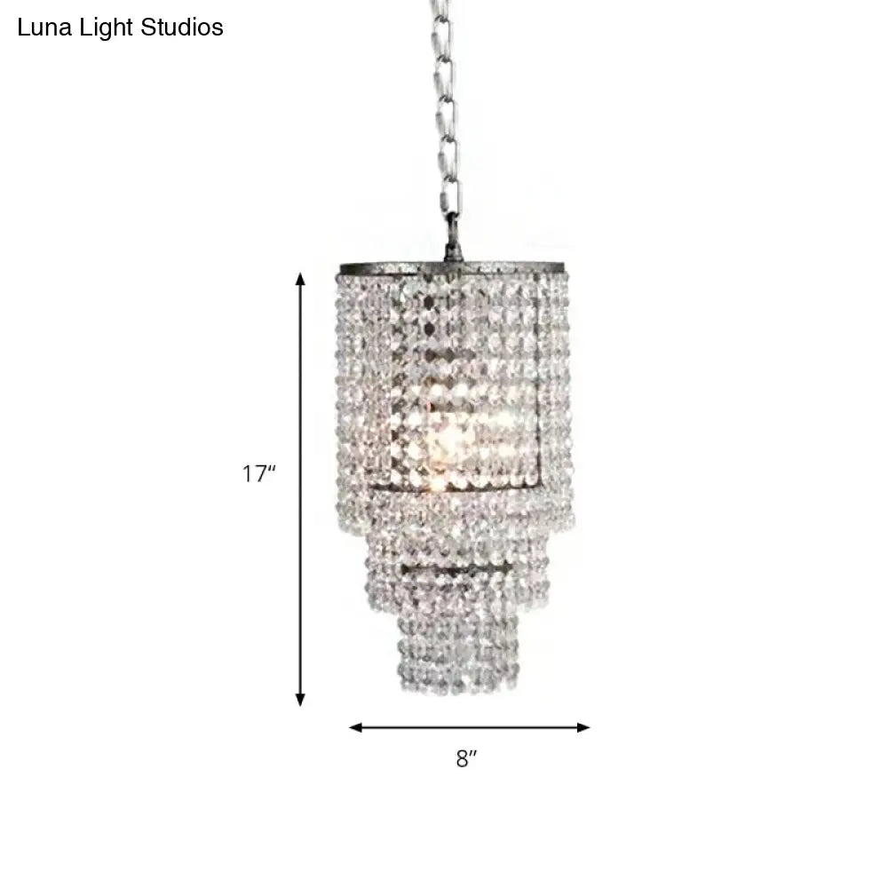 Luxurious Cylinder Pendant Light With Clear Crystal Beads - Ideal For Adult Bedroom Lighting