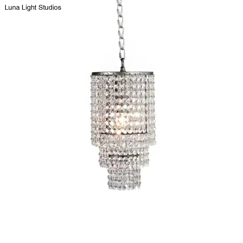 Luxurious Cylinder Pendant Light With Clear Crystal Beads - Ideal For Adult Bedroom Lighting