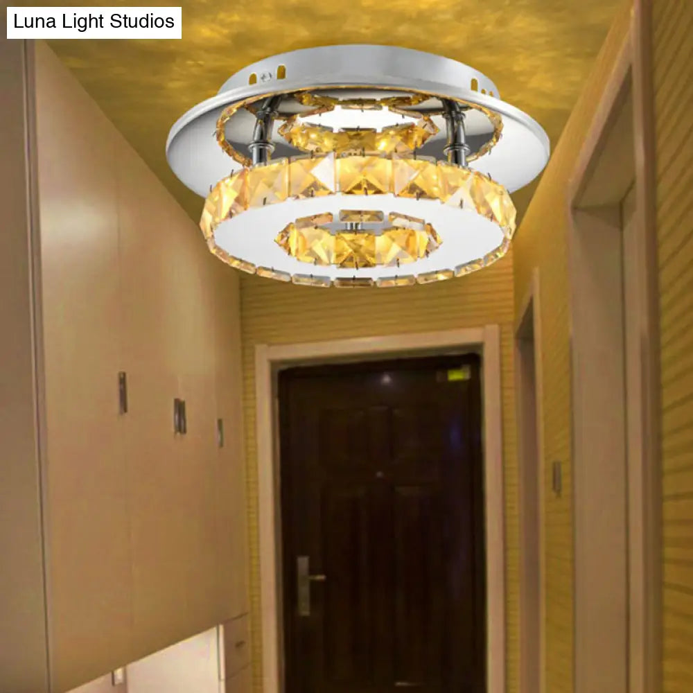 Luxury Crystal Led Indoor Ceiling Light - Circular Semi Flush Fixture In Clear/Amber Options