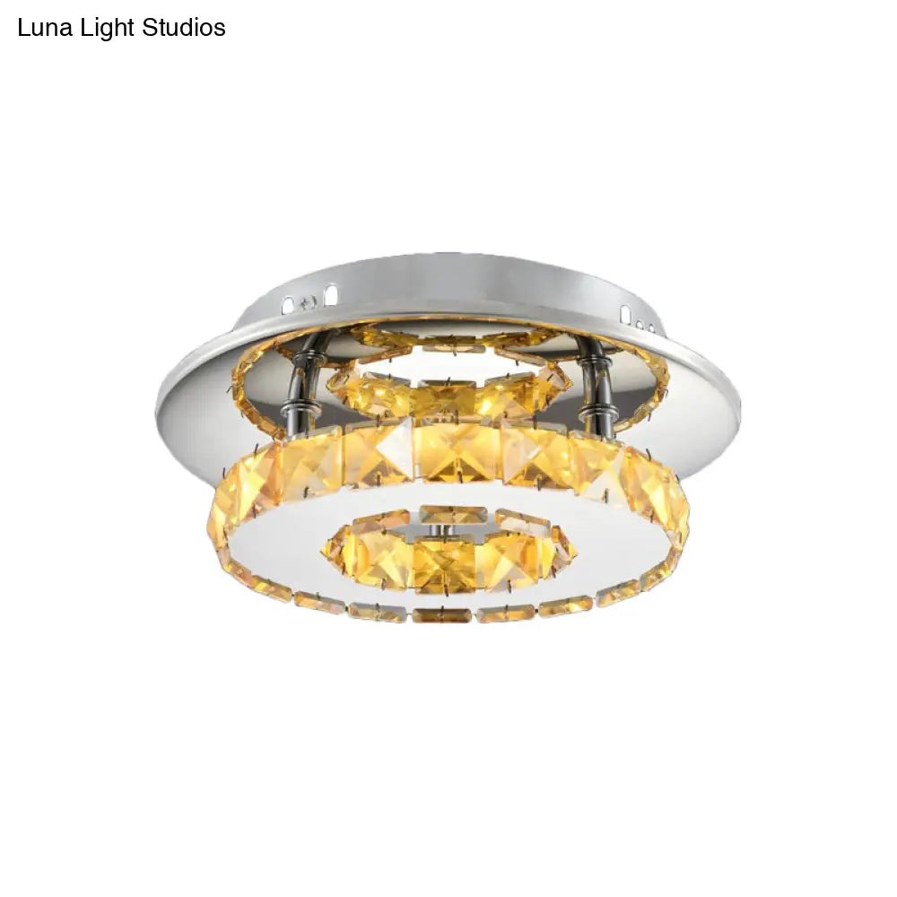 Luxury Crystal Led Indoor Ceiling Light - Circular Semi Flush Fixture In Clear/Amber Options