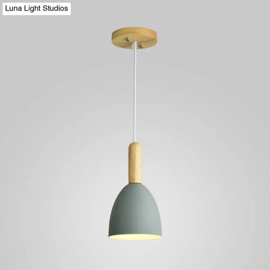 Macaron 1-Head Pendant Light: Metallic Bell Hanging With Wooden Handle