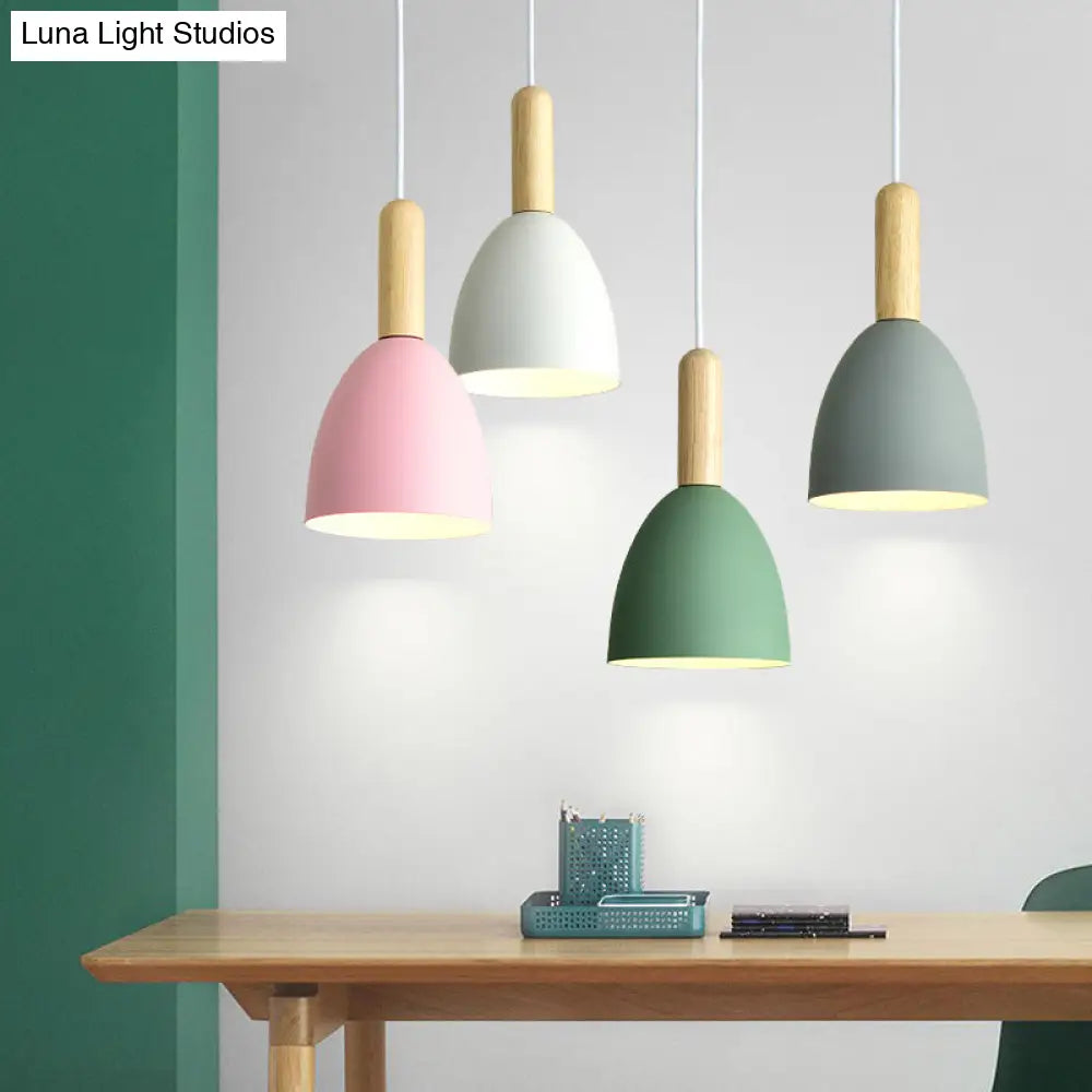 Macaron 1-Head Pendant Light: Metallic Bell Hanging With Wooden Handle